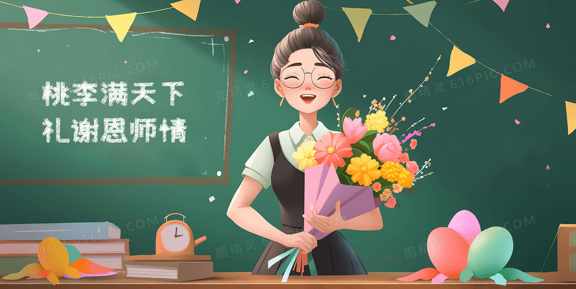 美丽的女老师抱着鲜花在黑板前开心的笑教师节创意插画