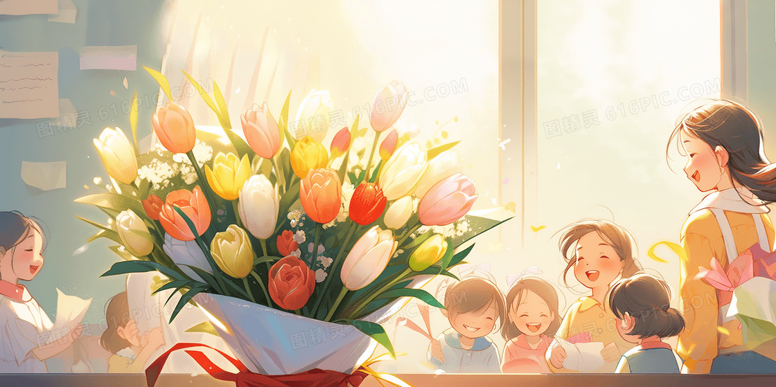 教师节孩子们开心的围在桌子边看着送给老师的鲜花创意插画