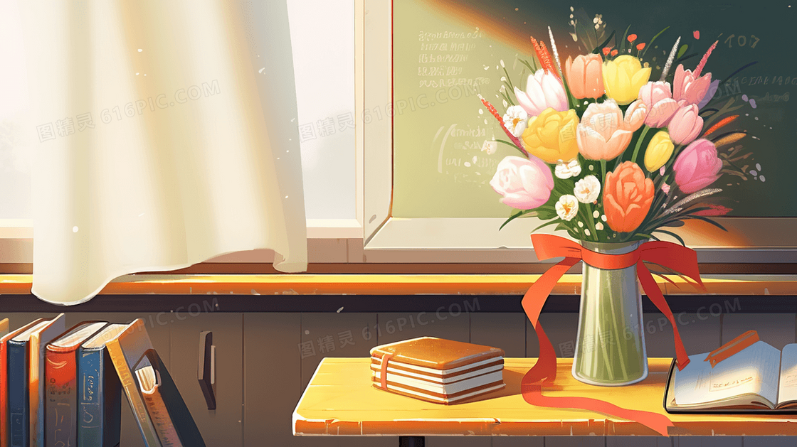 教师节书桌上送给老师的鲜花创意插画
