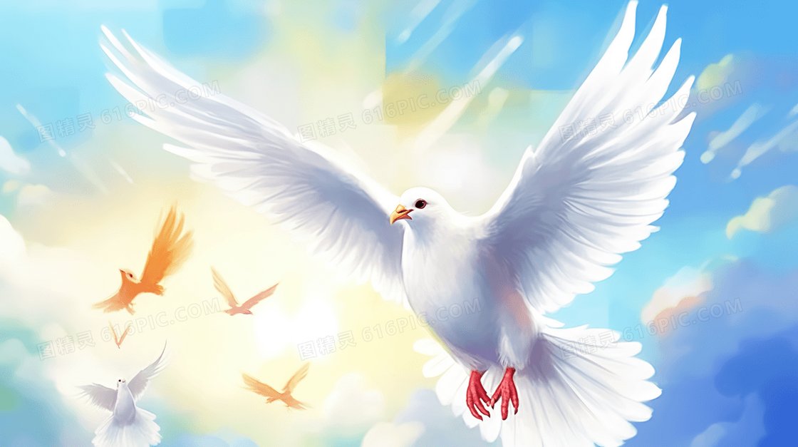 在蓝天中展翅飞翔的和平白鸽插画