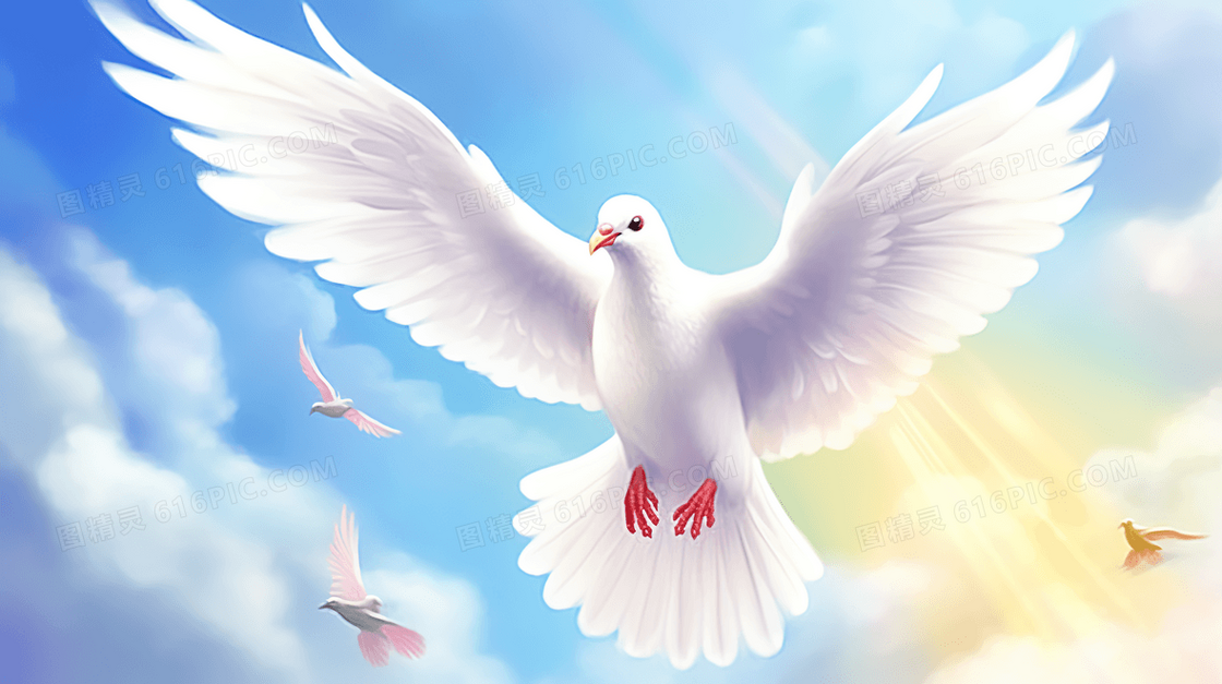 在蓝天中展翅飞翔的和平白鸽插画