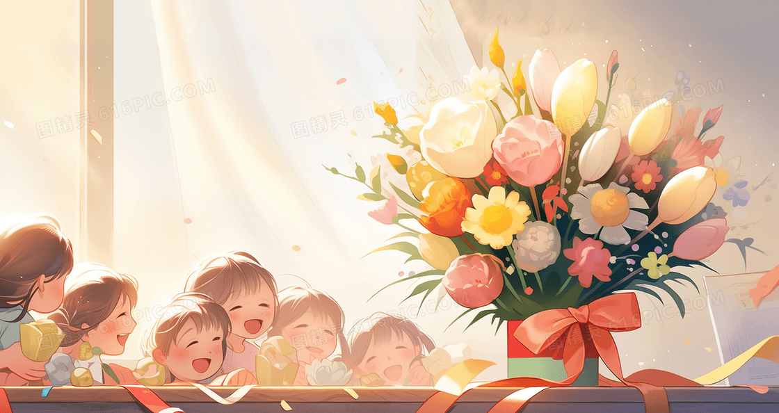 教师节孩子们开心的围在桌子边看着送给老师的鲜花创意插画