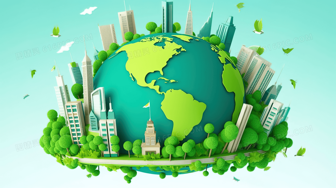 3D立体绿色地球城市建筑绿化树木插画