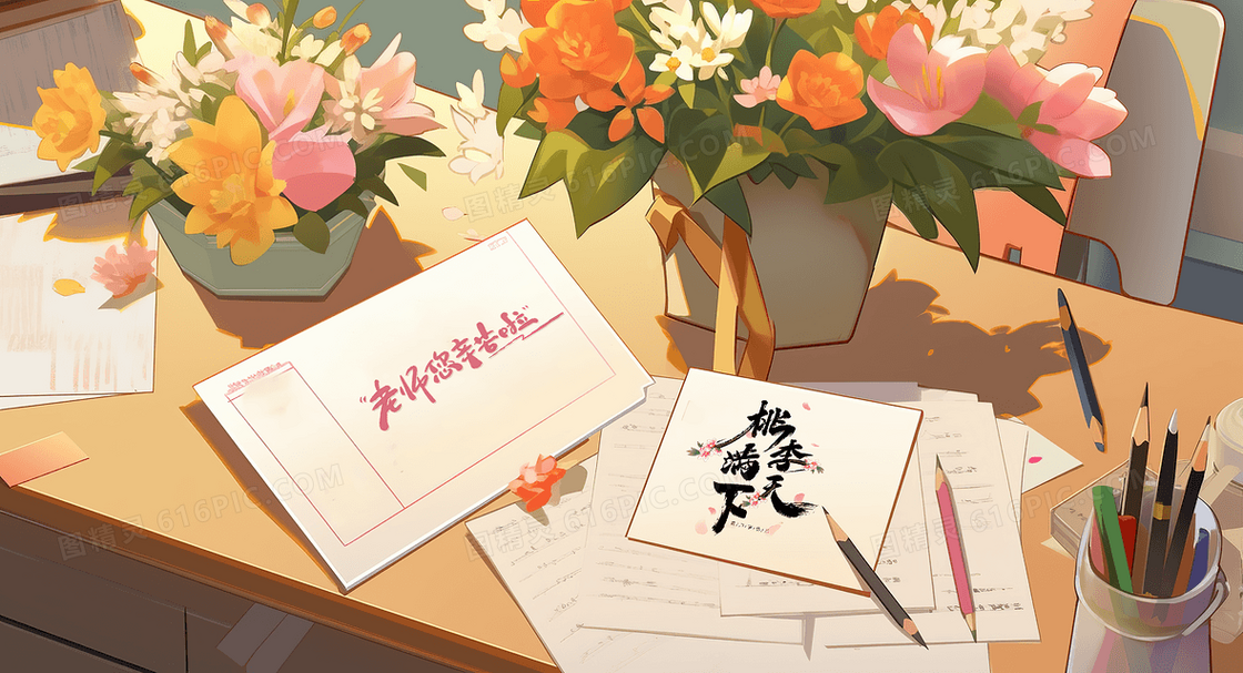 教师节老师书桌上的鲜花和贺卡创意插画