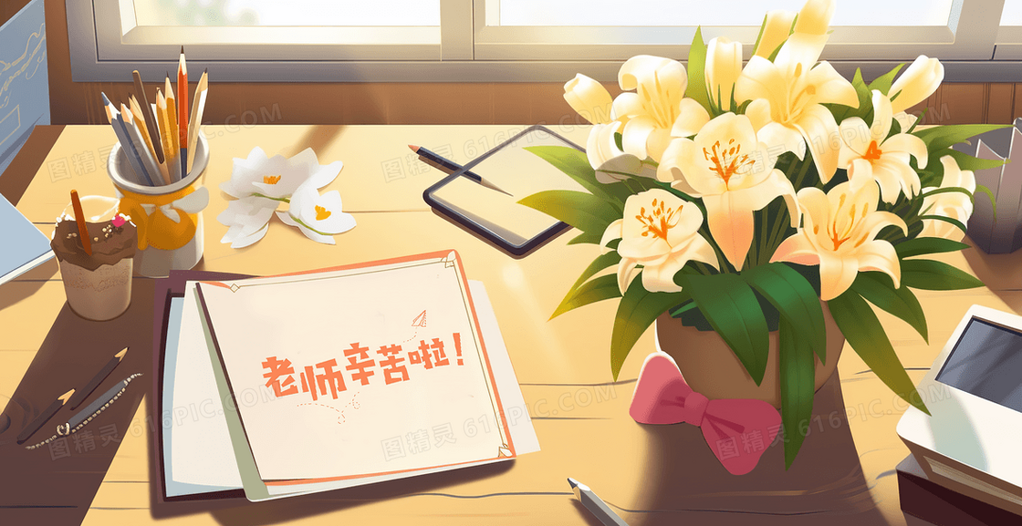 教师节老师书桌上的鲜花和贺卡创意插画