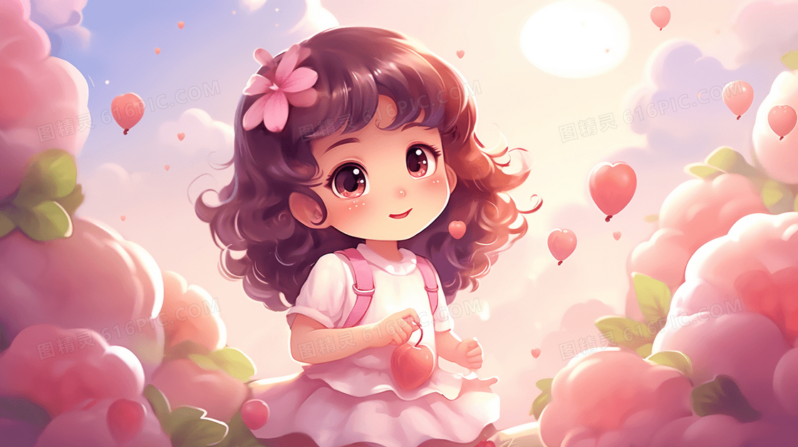 在粉色花丛中的可爱小女孩唯美清新插画