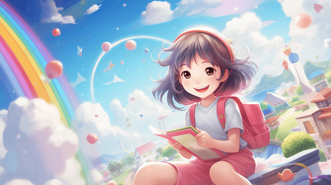 彩虹天空下拿着书本的小女孩梦幻插画