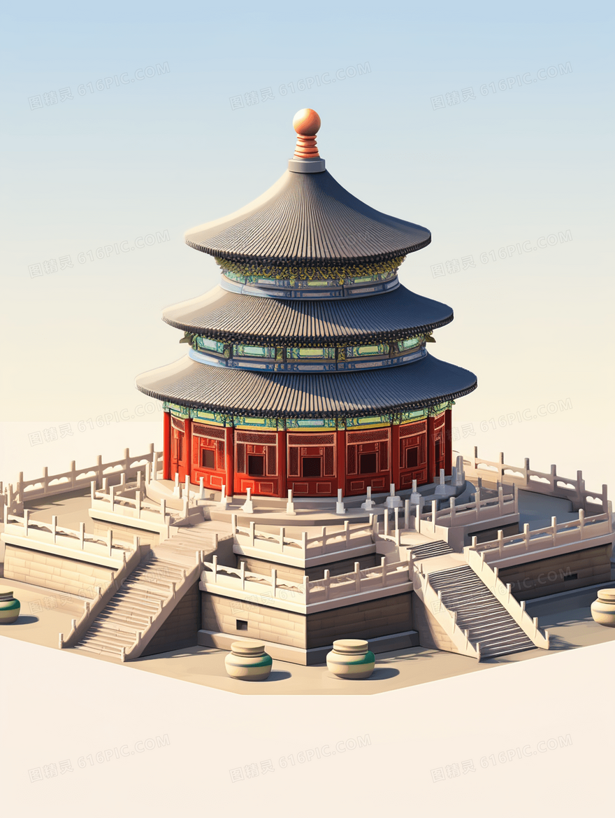 3D立体北京天坛中国古迹建筑插画