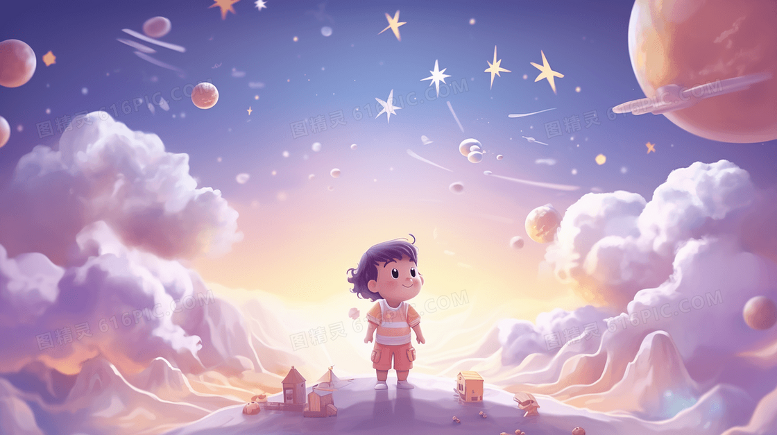 紫色站在云端仰望星空的小男孩梦幻插画