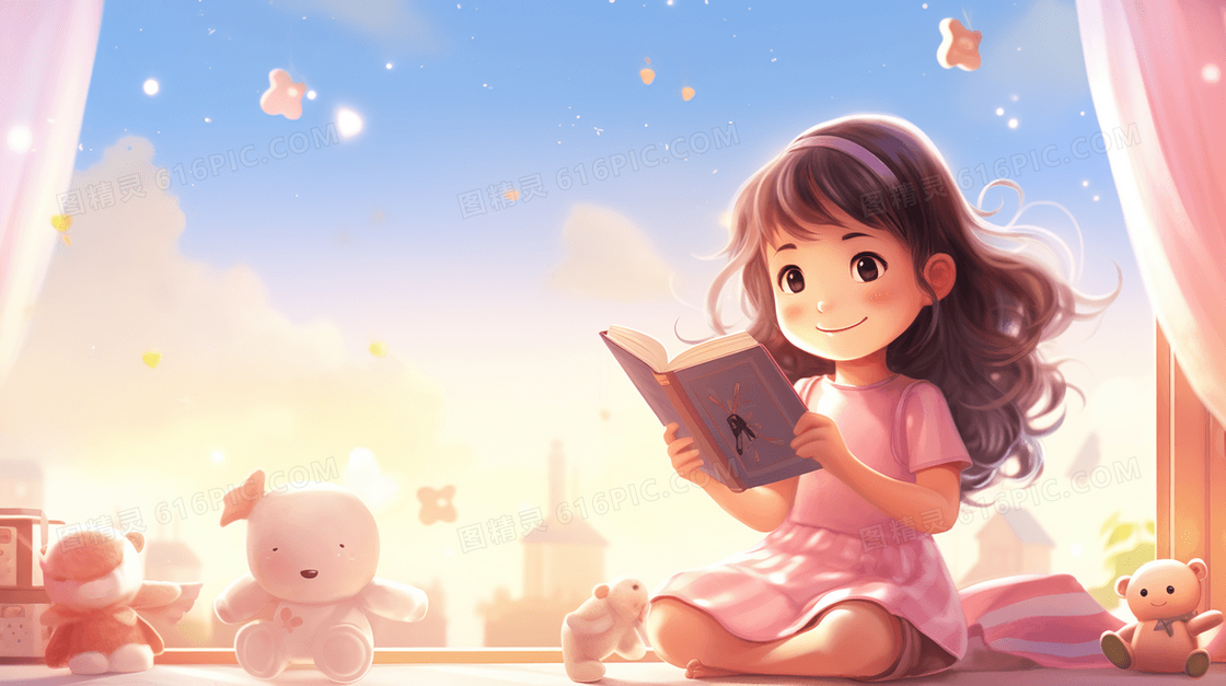 粉色房间坐在飘窗台看书的小女孩插画