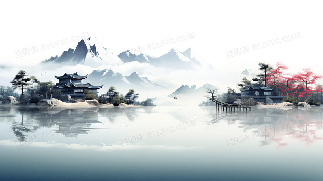 中国风山水江景建筑风景插画