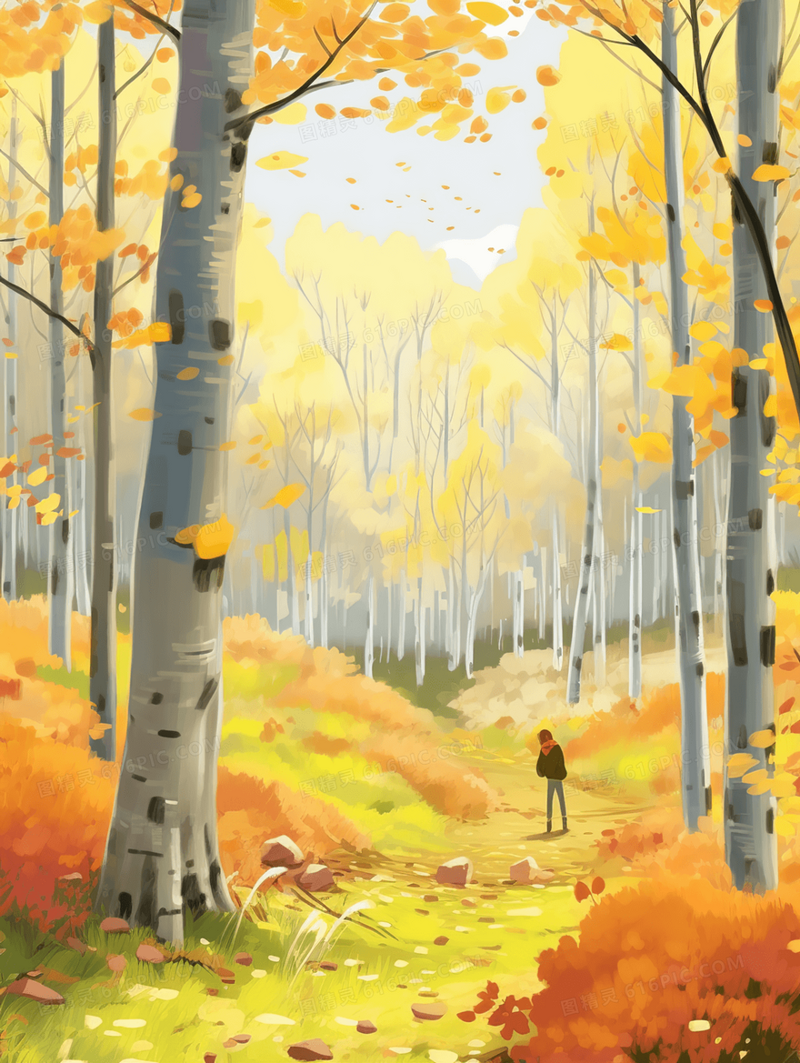 秋天金色落叶纷飞的白桦树林风景插画