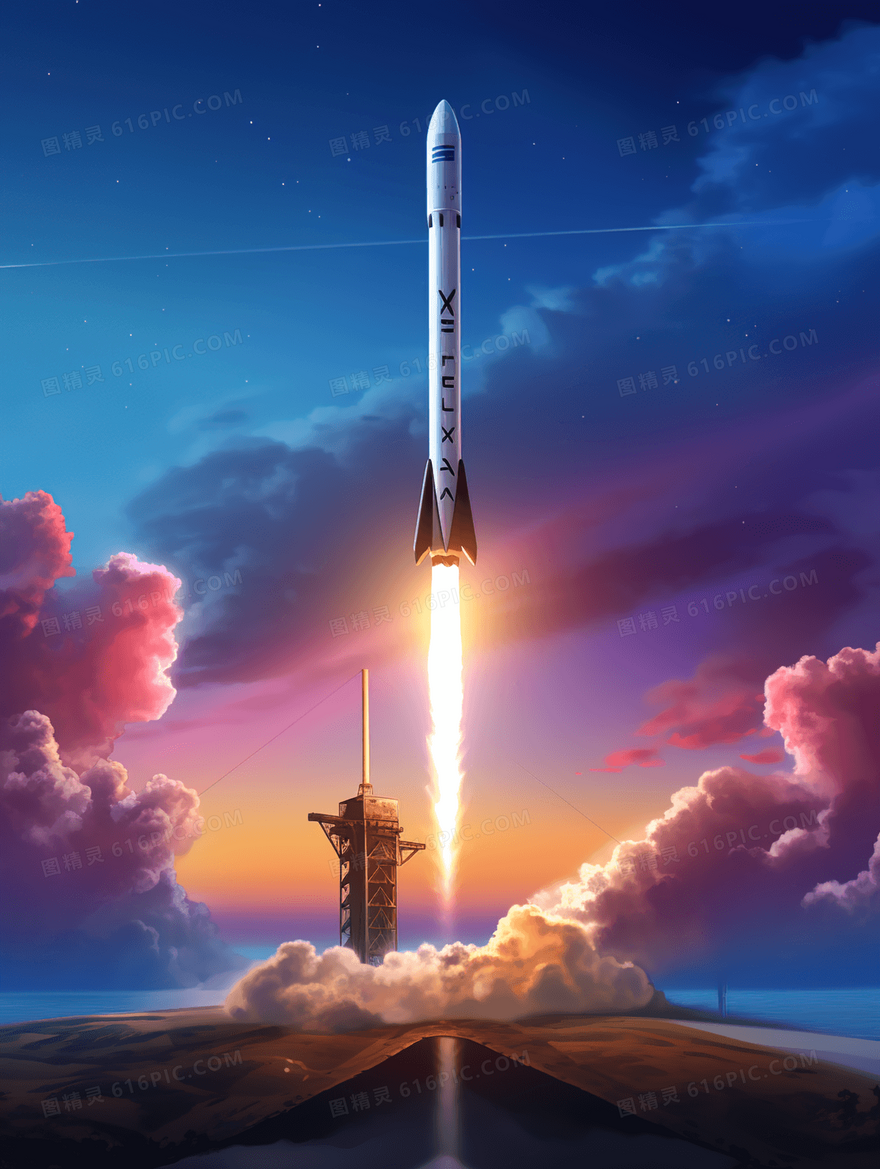 正在发射点火升空的航空火箭科技插画