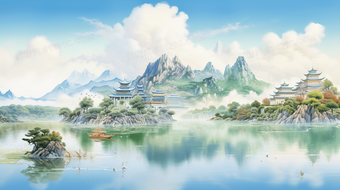 青绿中国风山水风景插画