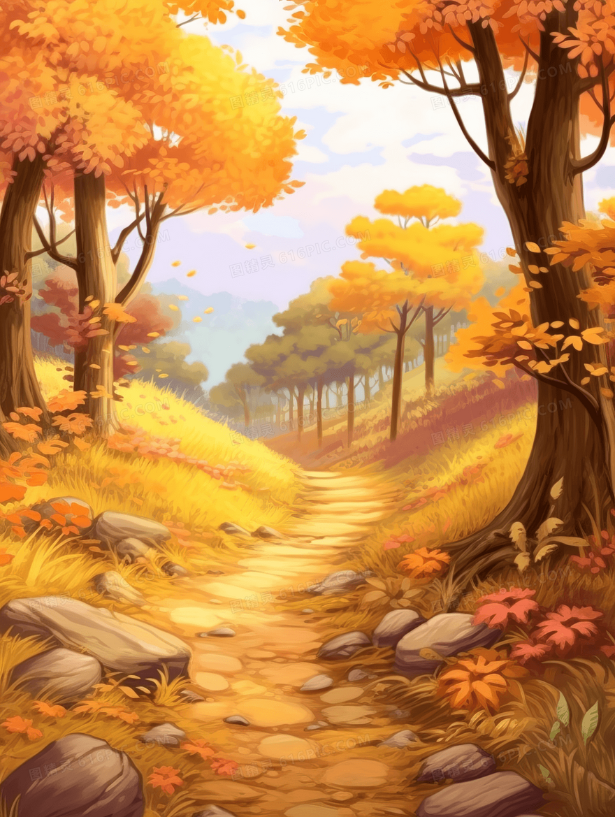 秋天金色树林里草地上的小路风景插画