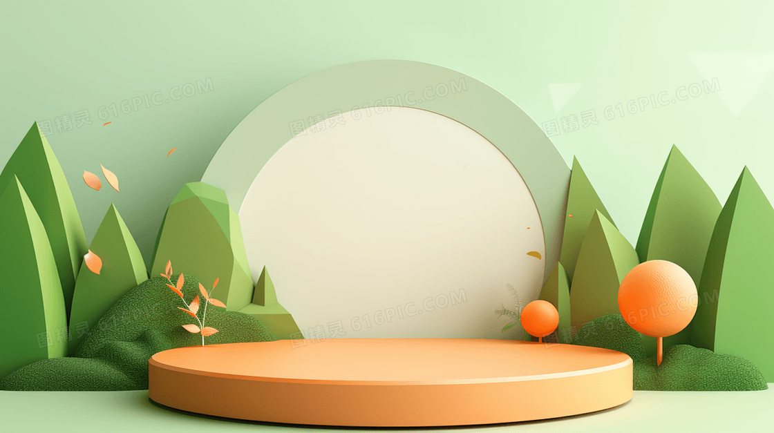 3D立体绿色植物景观圆形电商展台插画