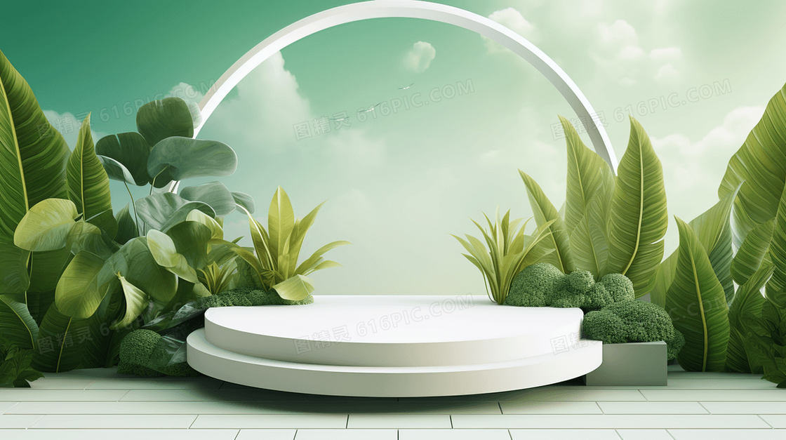 3D立体绿色植物景观圆形电商展台插画