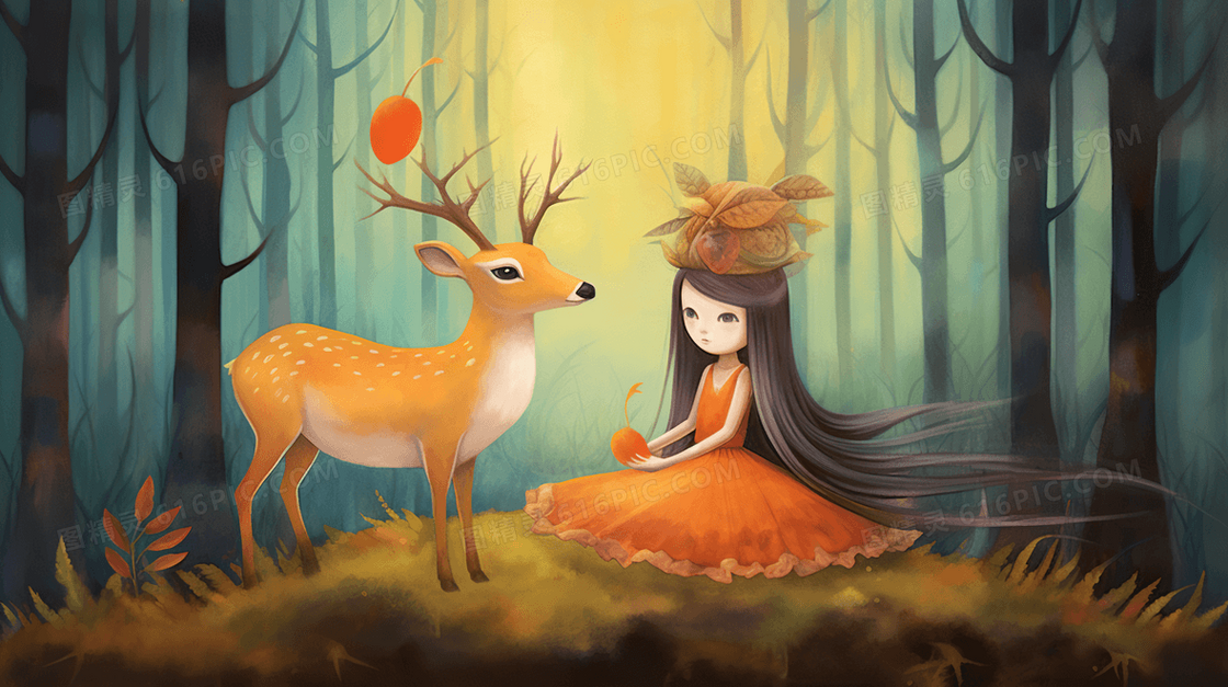 女孩和驯鹿唯美清新麋鹿森林女孩插画