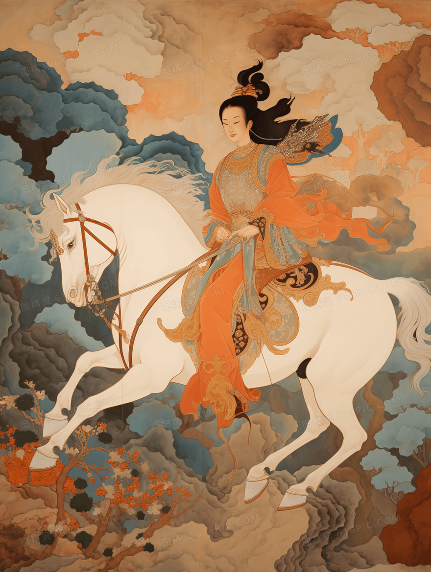 古风壁画坐在白马山的人中国风插画