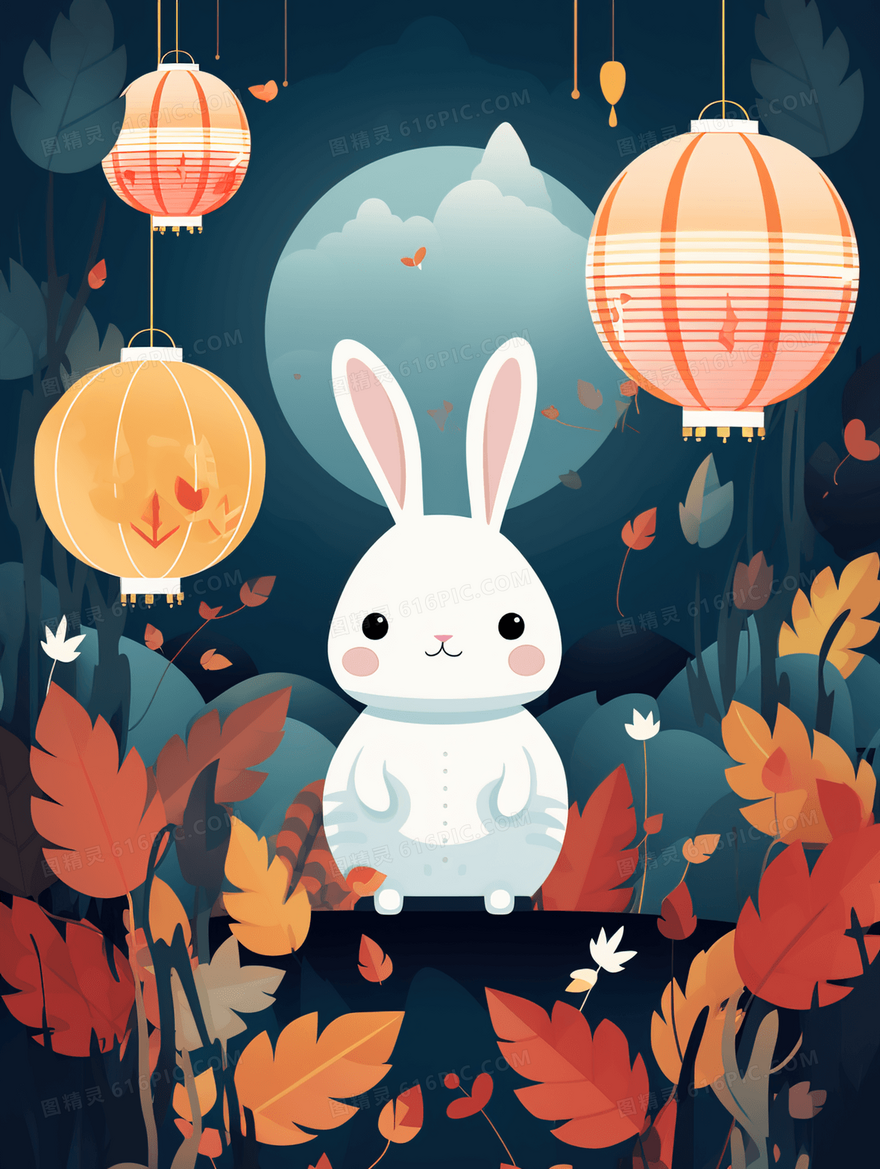 中国风红色灯笼下的小白兔可爱插画