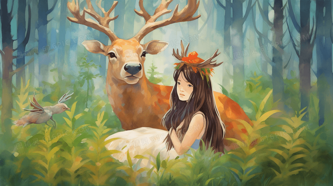 女孩和驯鹿唯美清新麋鹿森林女孩插画