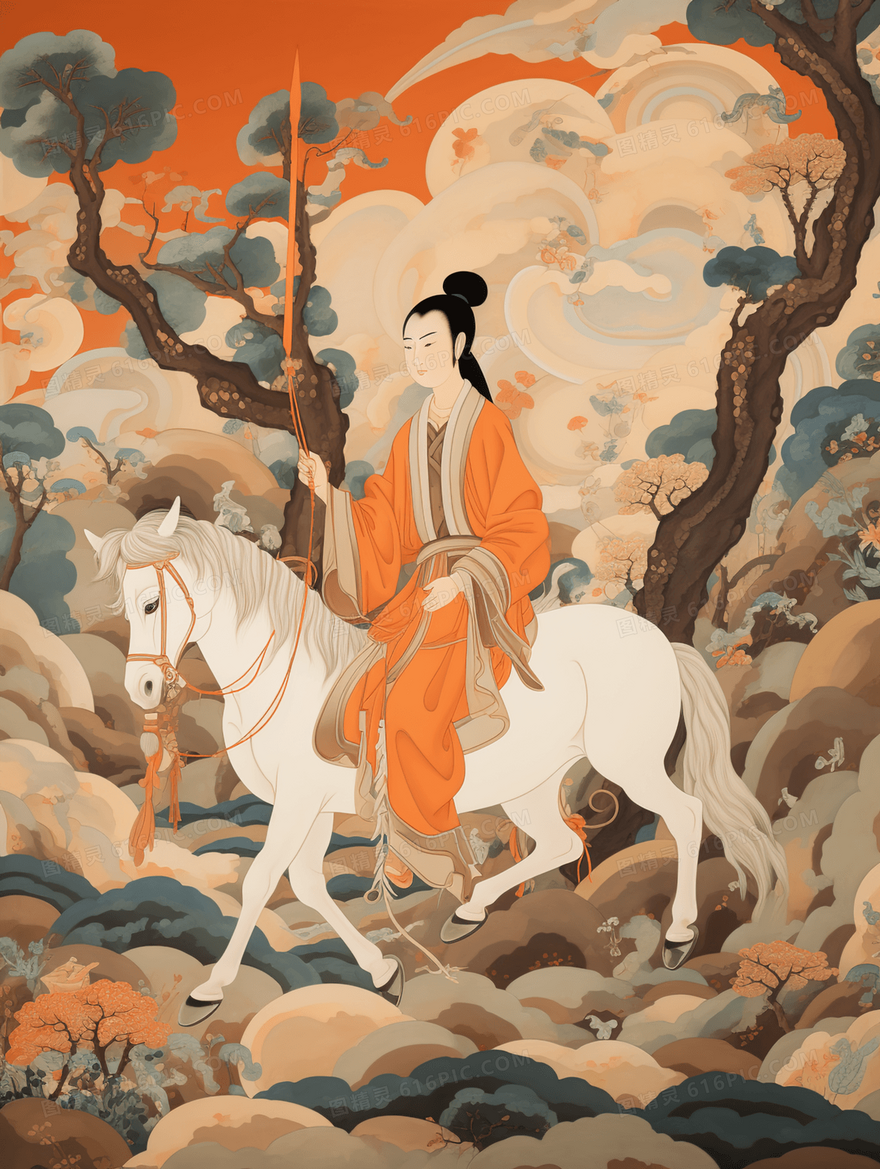 古风壁画坐在白马山的人中国风插画