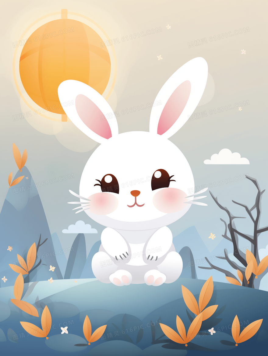 满月下的可爱小白兔动物花朵卡通插画