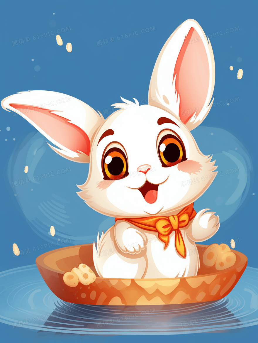 坐着小船飘在水面上的小白兔可爱动物插画