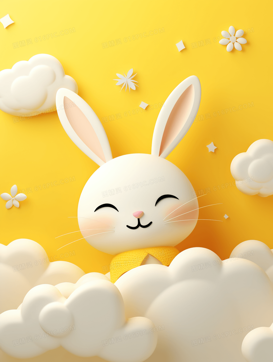 金色云朵中的可爱小白兔动物卡通插画