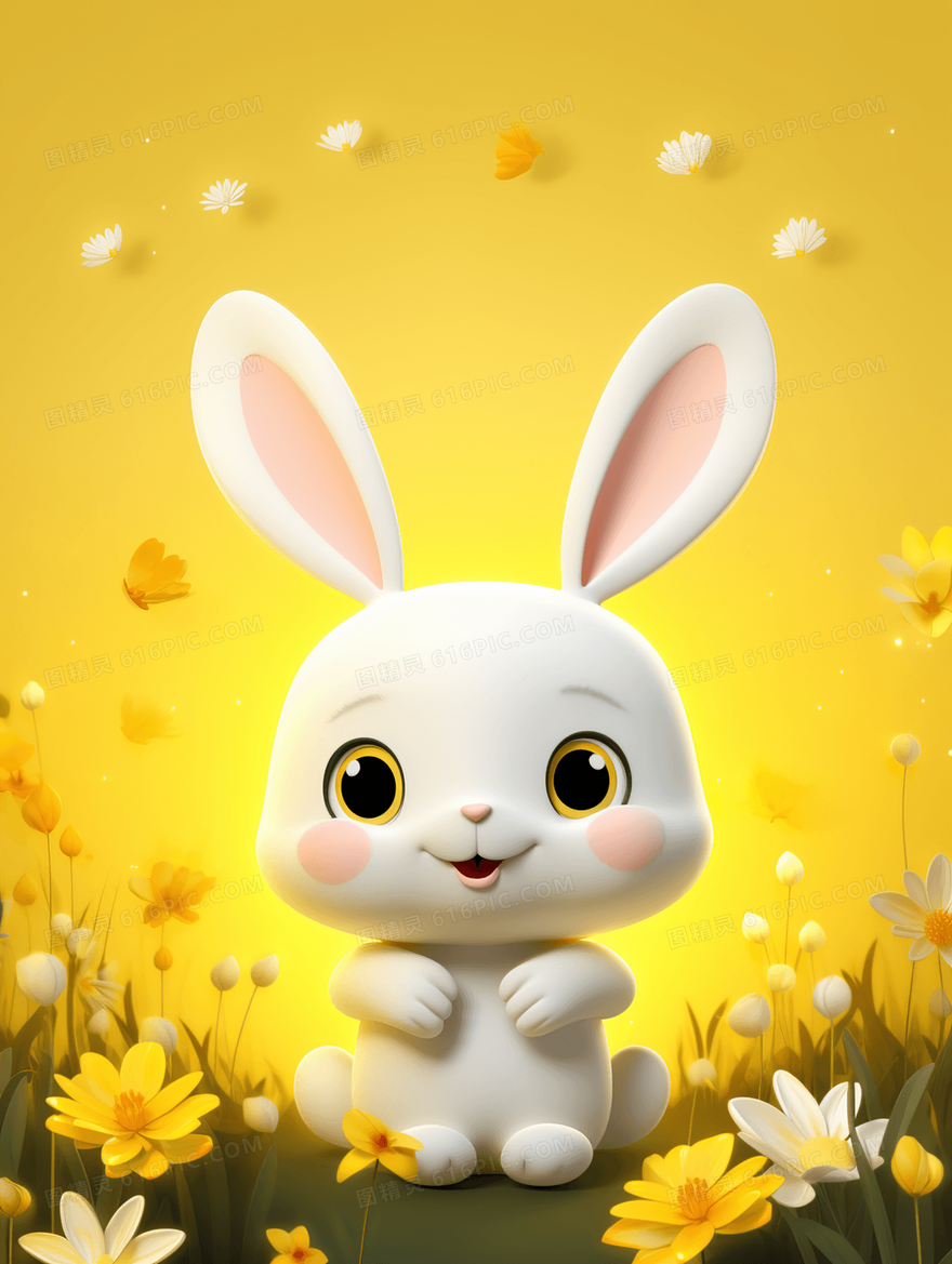 金色小雏菊花丛中的小白兔可爱卡通插画
