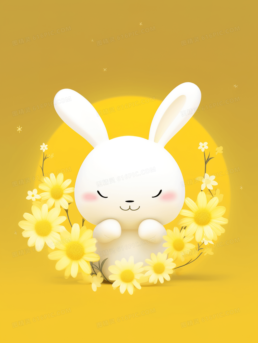 金色小雏菊花丛中的小白兔可爱卡通插画