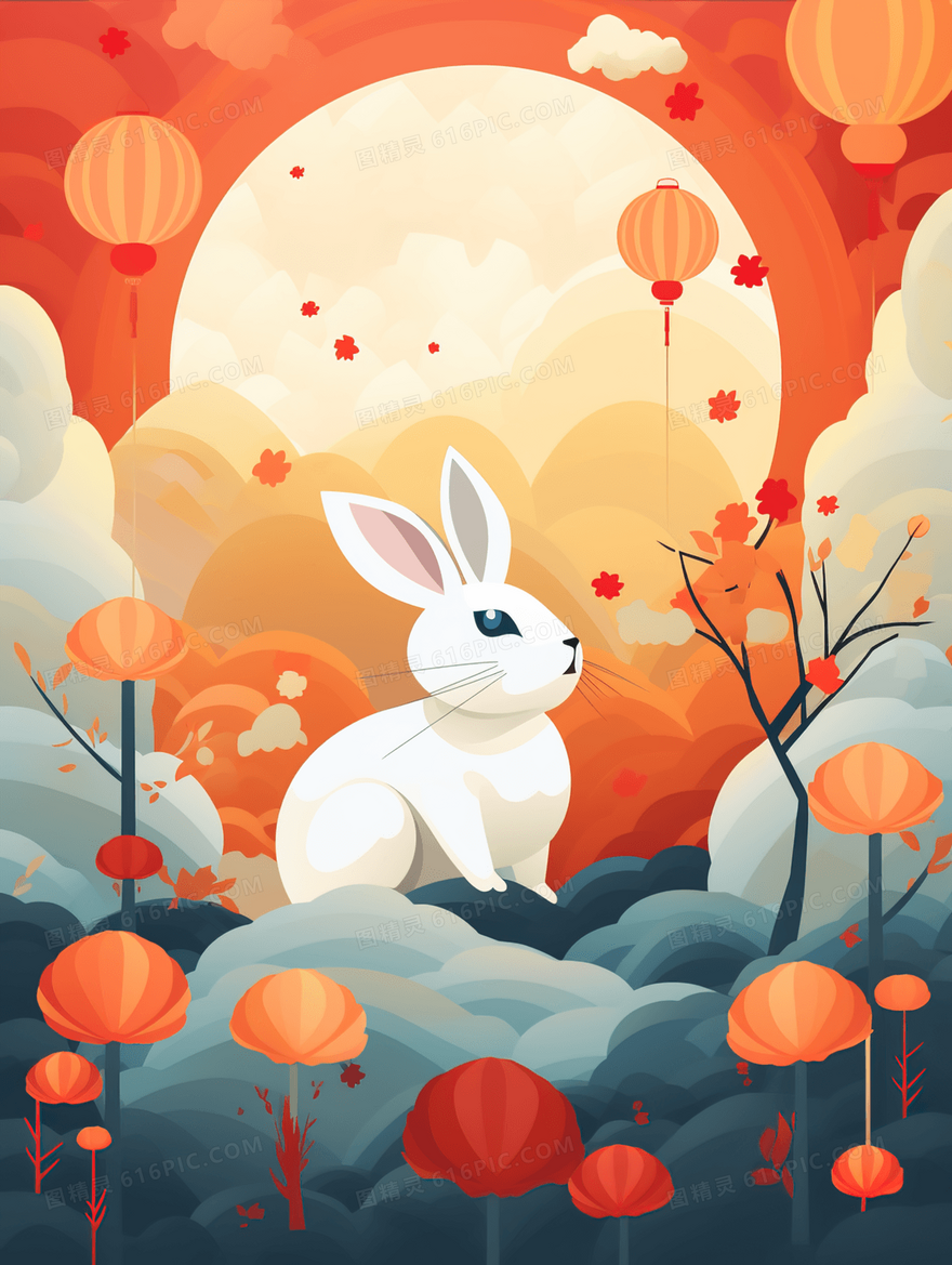 中国风红色灯笼中的小白兔可爱插画