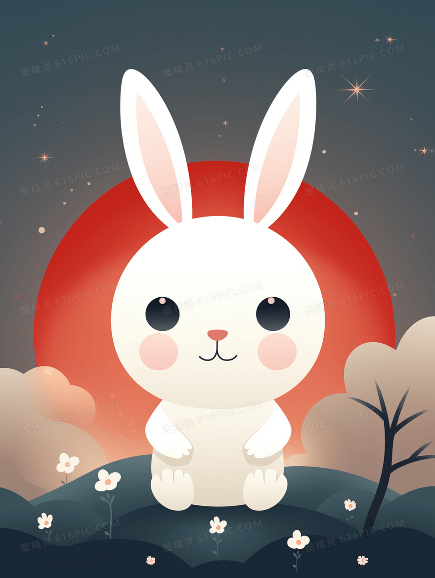 满月下的可爱小白兔动物花朵卡通插画