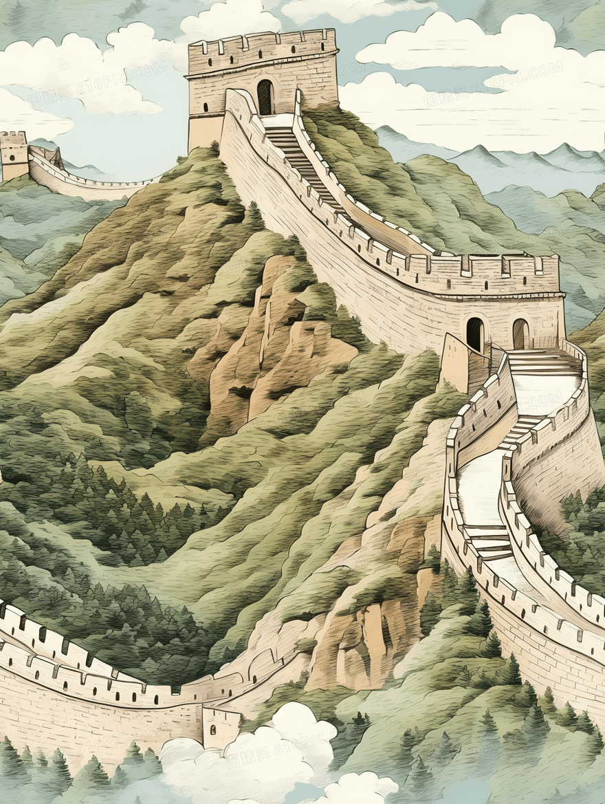 中国万里长城建筑风景插画