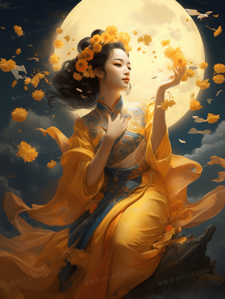 中国风月亮金色花树上的嫦娥插画