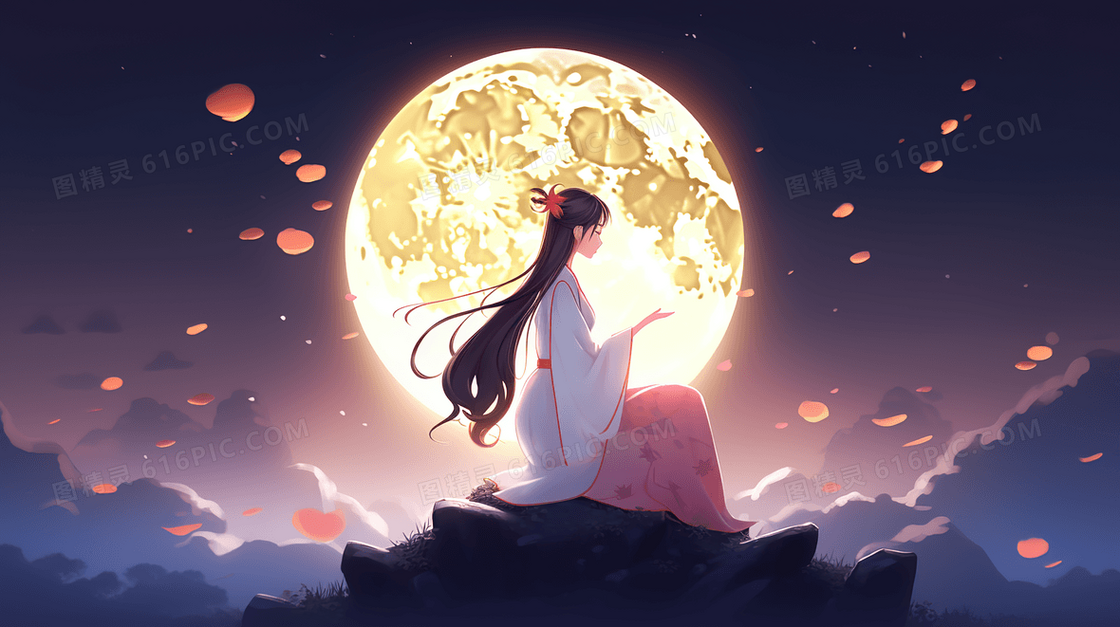 夜晚月亮下的古典长发美人中国风插画