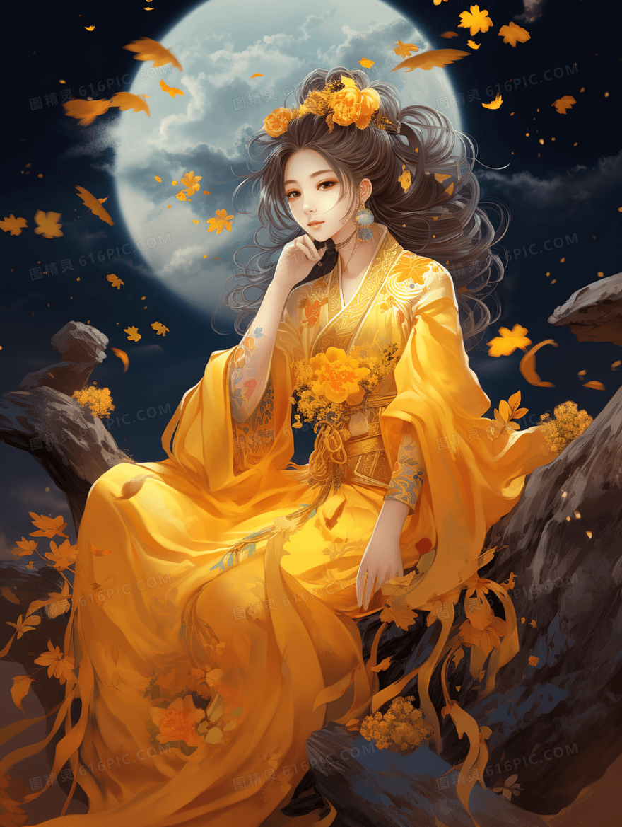 中国风月亮金色桂花树上的嫦娥插画
