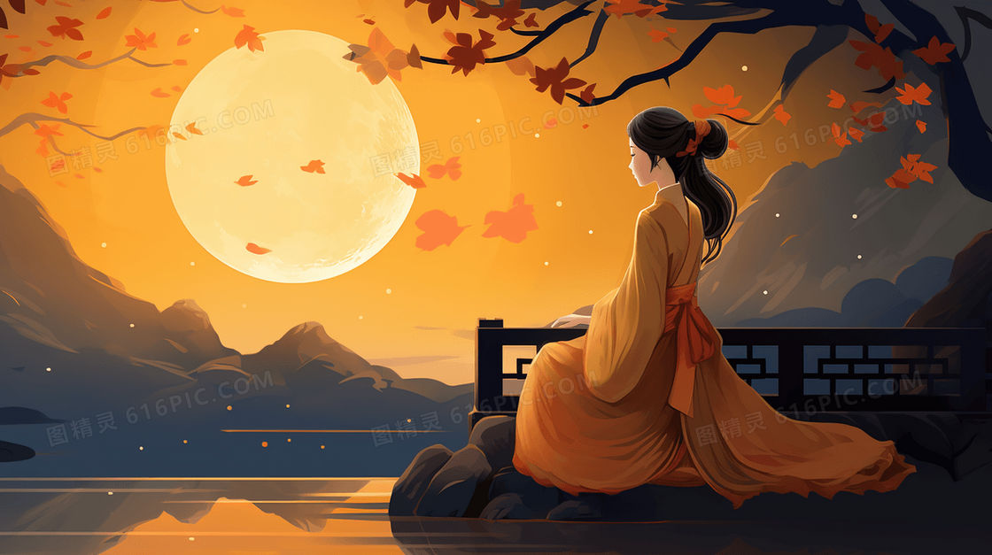 夜晚月亮下的古典长发美人中国风插画