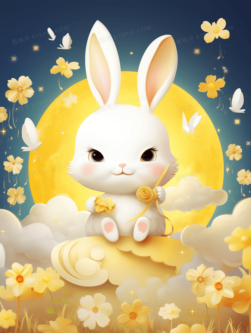 金色月亮花朵中的可爱小白兔插画