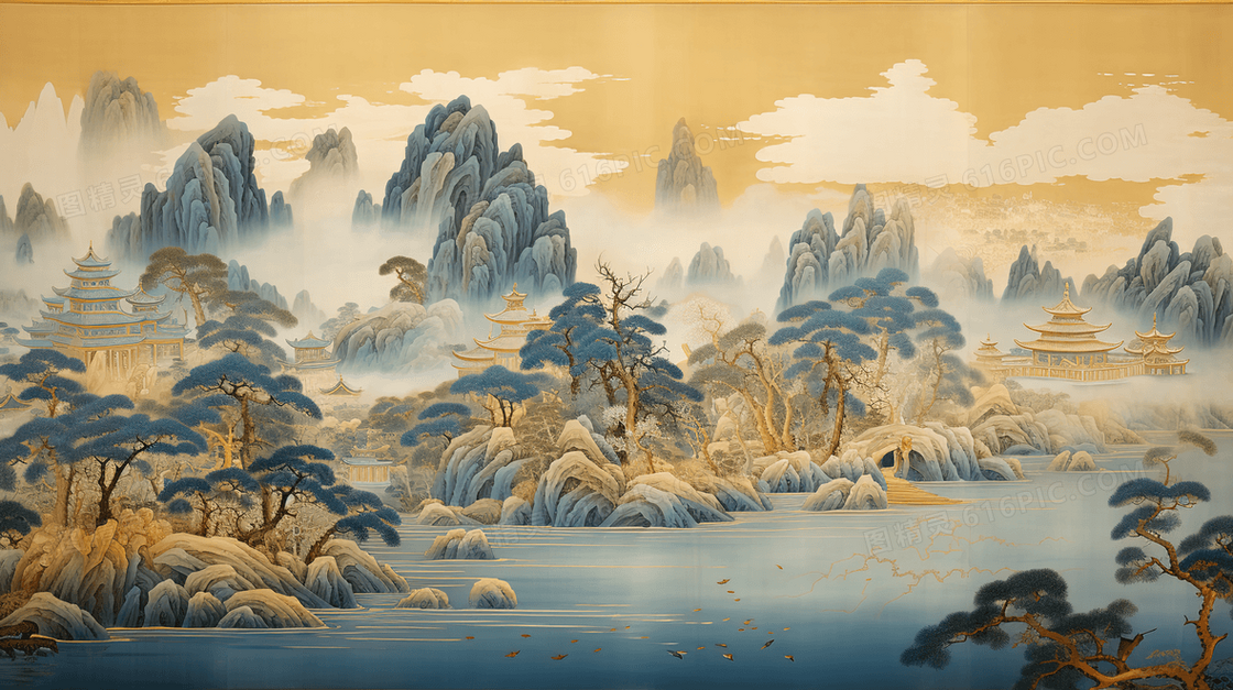 秋季传统古典中国风山水风景插画