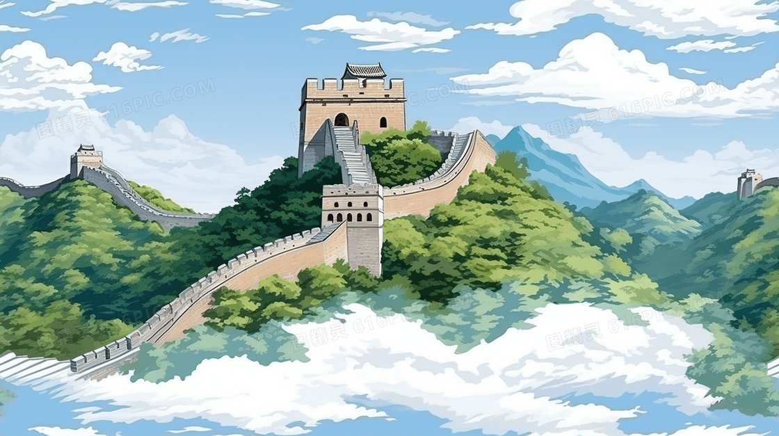 中国万里长城建筑风景插画