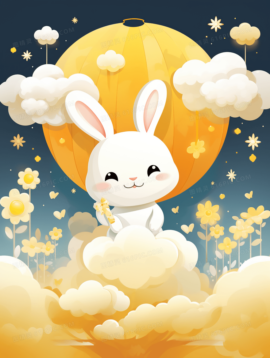 金色灯笼云朵中的可爱小白兔插画