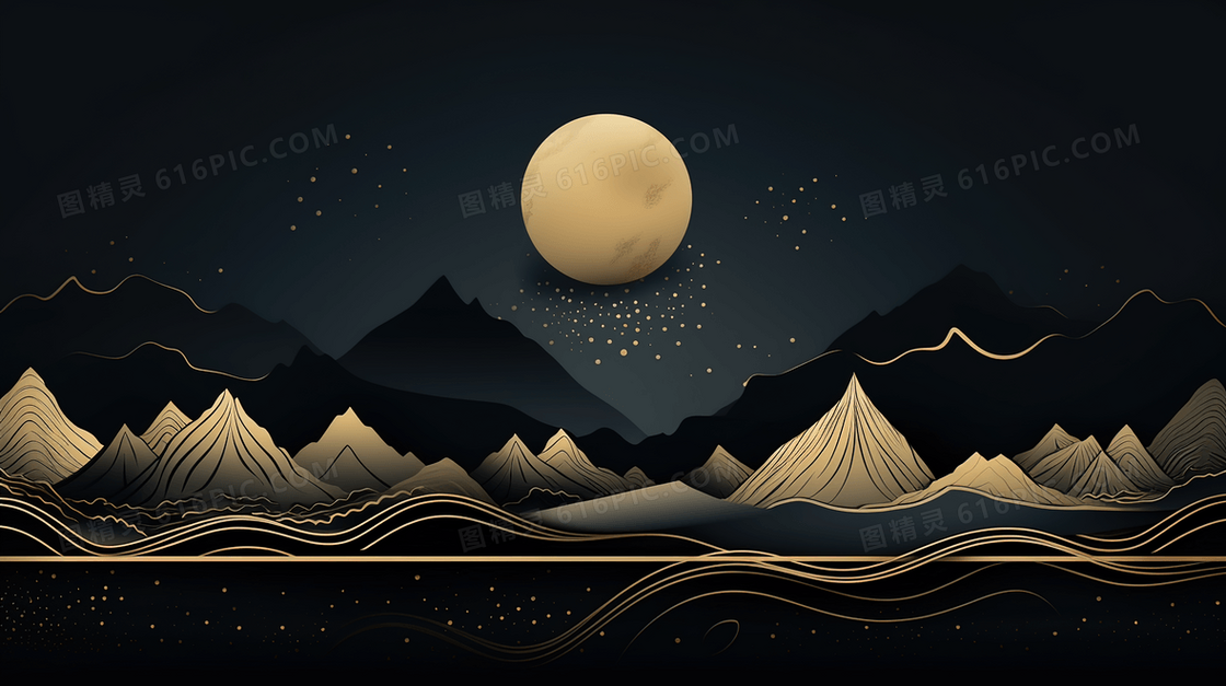 描金中国风明亮的月亮插画
