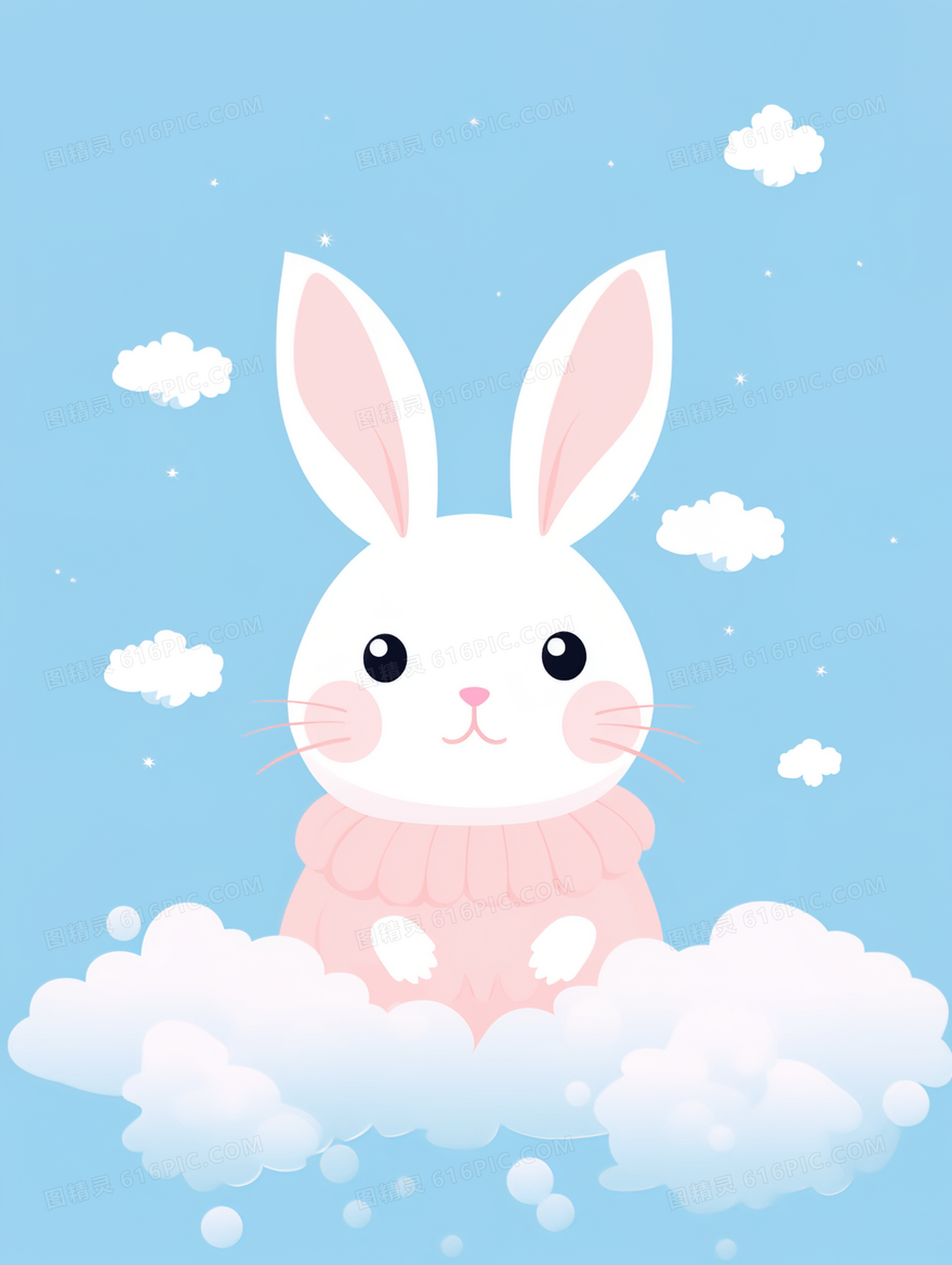 白色云朵中的可爱小白兔动物插画