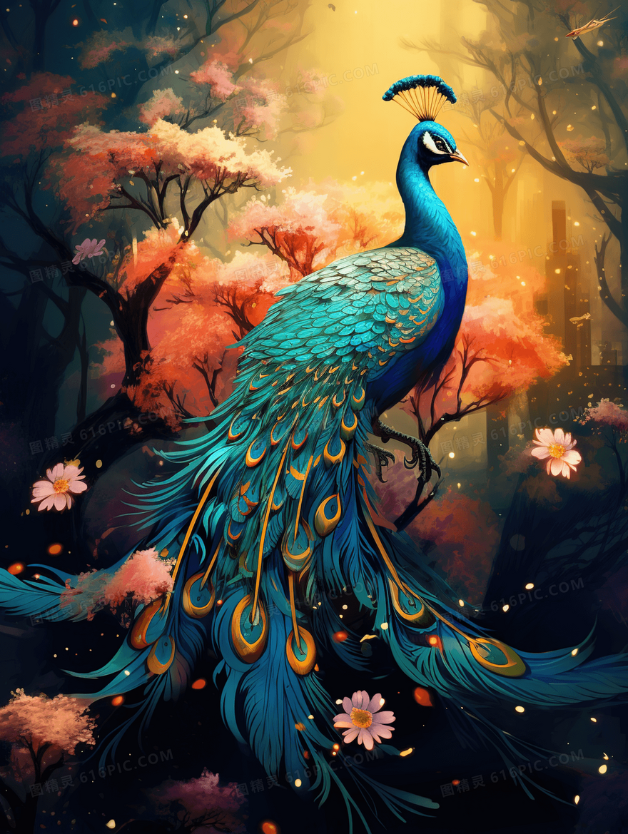 中国风孔雀唯美写实插画