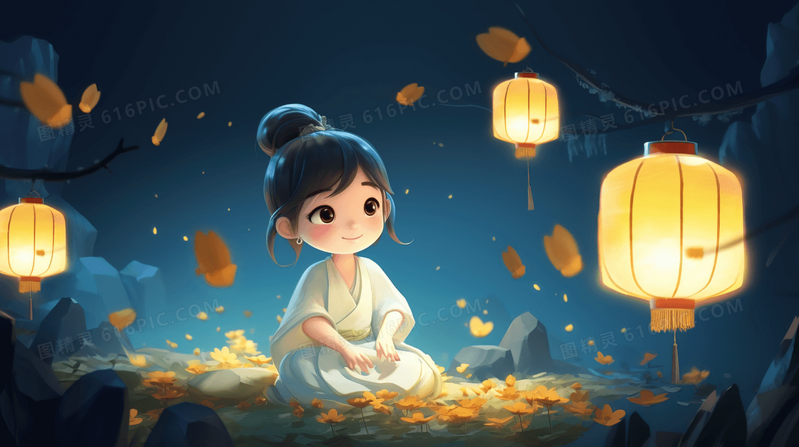 夜晚灯笼烛光照耀下的古代少女插画