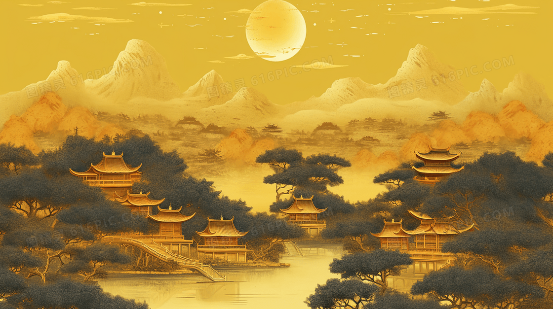 金色秋季山水风景插画