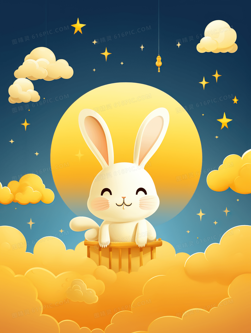 金色月亮星空下的可爱小白兔插画