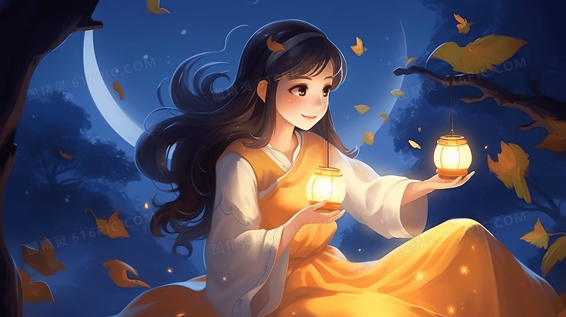 夜晚灯笼烛光照耀下的古代少女插画