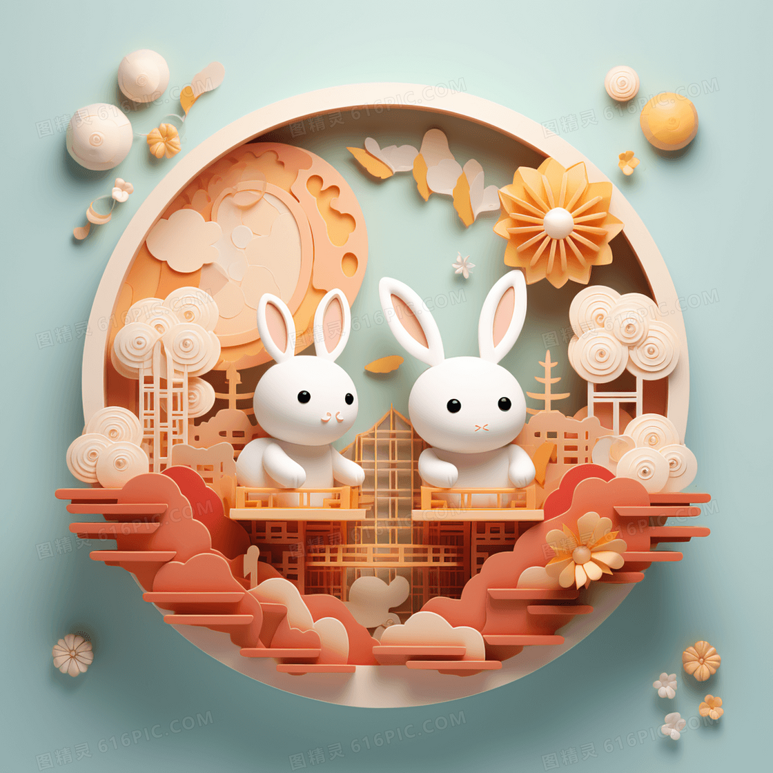 3D立体可爱卡通中秋兔子插画